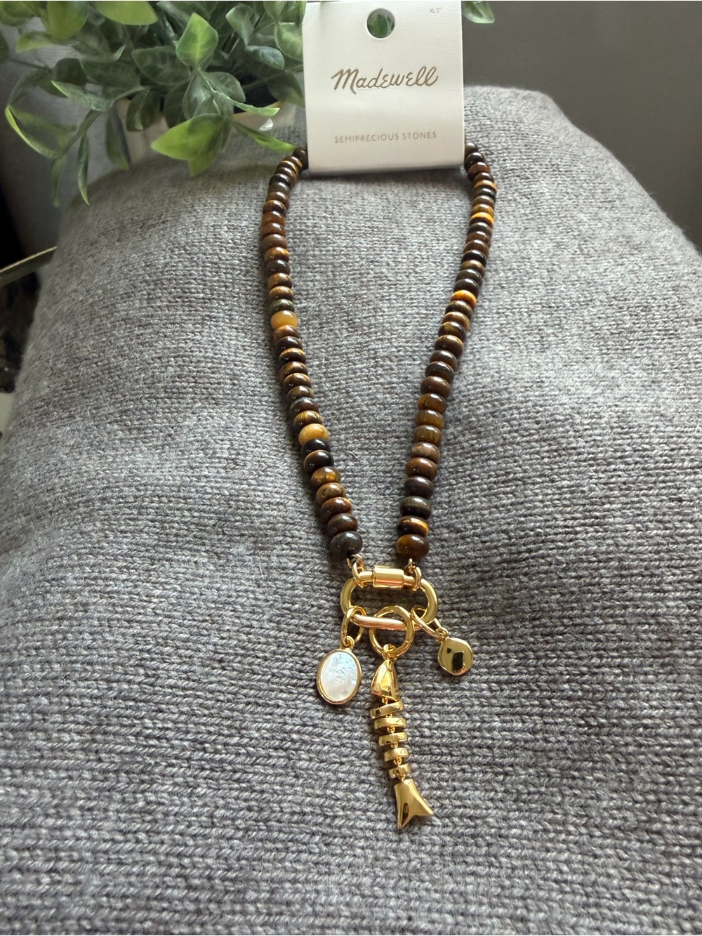 Madewell Semiprecious Tiger’s Eye Necklace Fish Charm Mother of Pearl NWT
